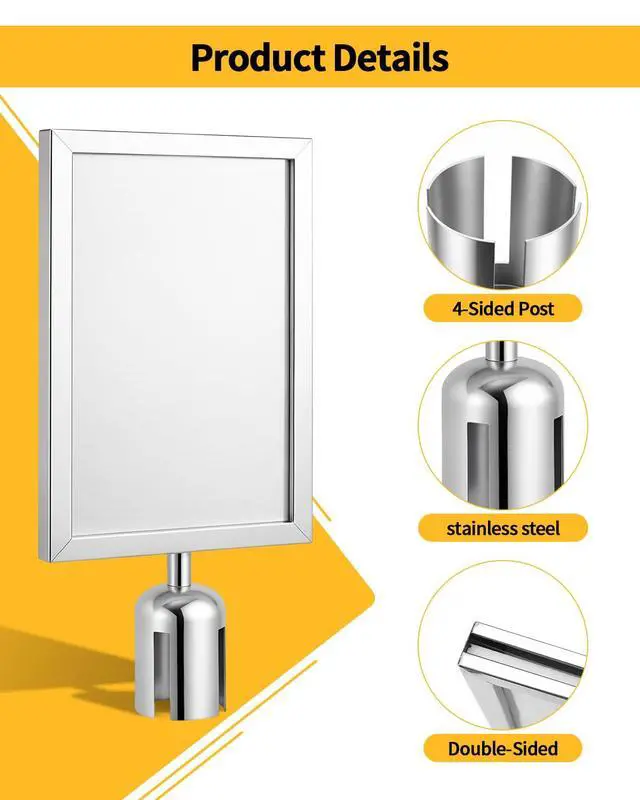 Alt view image 3 of 7 - 4 Pack Stanchion Sign Holders, Portrait Double Sided Sign Frame with Clear Cover, Fits 8.3 x 11.7 Inch Paper for Crowd Control Sentry Stanchions (Silver)