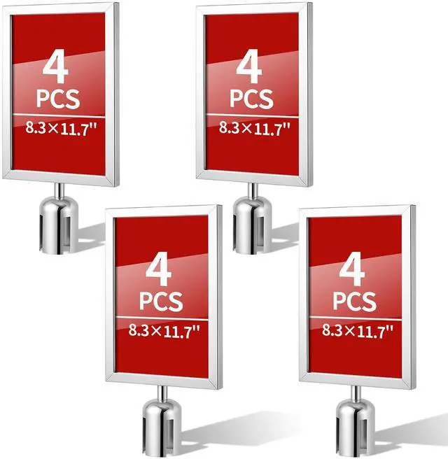 Main image of 4 Pack Stanchion Sign Holders, Portrait Double Sided Sign Frame with Clear Cover, Fits 8.3 x 11.7 Inch Paper for Crowd Control Sentry Stanchions (Silver)