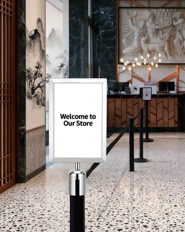 Alt view image 7 of 7 - 4 Pack Stanchion Sign Holders, Portrait Double Sided Sign Frame with Clear Cover, Fits 8.3 x 11.7 Inch Paper for Crowd Control Sentry Stanchions (Silver)