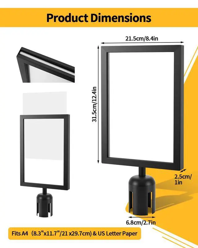Alt view image 2 of 7 - 4 Pack Stanchion Sign Holders, Portrait Double Sided Sign Frame with Clear Cover, Fits 8.3 x 11.7 Inch Paper for Crowd Control Sentry Stanchions (Black)
