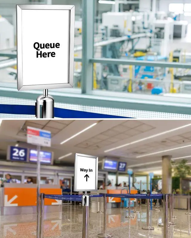 Alt view image 6 of 7 - 4 Pack Stanchion Sign Holders, Portrait Double Sided Sign Frame with Clear Cover, Fits 8.3 x 11.7 Inch Paper for Crowd Control Sentry Stanchions (Silver)