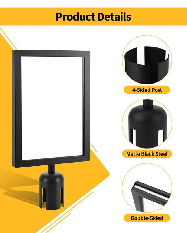 Alt view image 3 of 7 - 4 Pack Stanchion Sign Holders, Portrait Double Sided Sign Frame with Clear Cover, Fits 8.3 x 11.7 Inch Paper for Crowd Control Sentry Stanchions (Black)