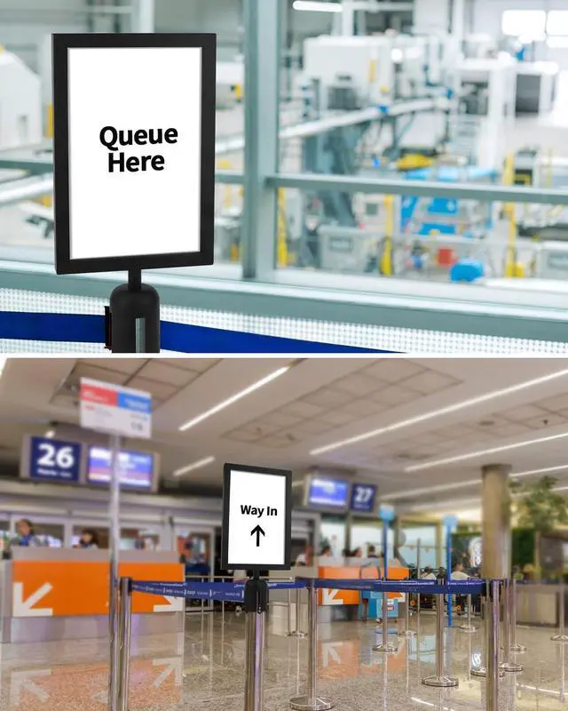 Alt view image 6 of 7 - 4 Pack Stanchion Sign Holders, Portrait Double Sided Sign Frame with Clear Cover, Fits 8.3 x 11.7 Inch Paper for Crowd Control Sentry Stanchions (Black)