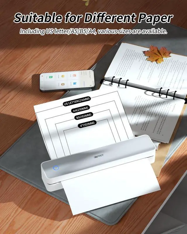 Alt view image 5 of 6 - Portable Thermal Printer, MT610 Pro Wireless for Travel, 300DPI Bluetooth Inkless Printer Support 8.5" X 11" US Letter& A4&A5 Thermal Paper for Home, Compatible with iOS, Android, Laptop, White