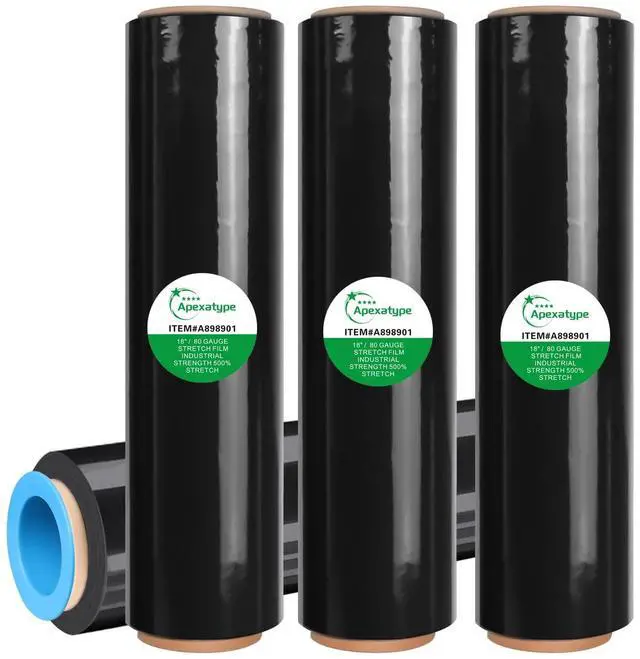 Main image of 18" x 1500' Black Plastic Shrink Wrap Roll - 80 Gauge, 500% Stretch Industrial Strength Moving Wrap, Heavy Duty Pallet & Furniture Protection - 4 Roll Bundle Stretch Wrap with Handles