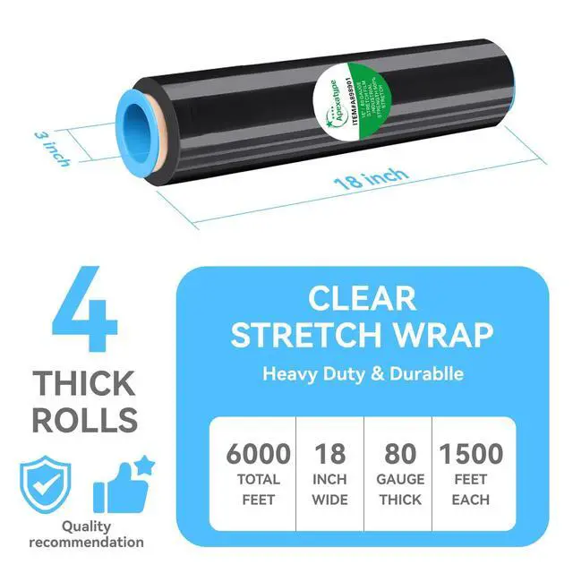 Alt view image 2 of 7 - 18" x 1500' Black Plastic Shrink Wrap Roll - 80 Gauge, 500% Stretch Industrial Strength Moving Wrap, Heavy Duty Pallet & Furniture Protection - 4 Roll Bundle Stretch Wrap with Handles