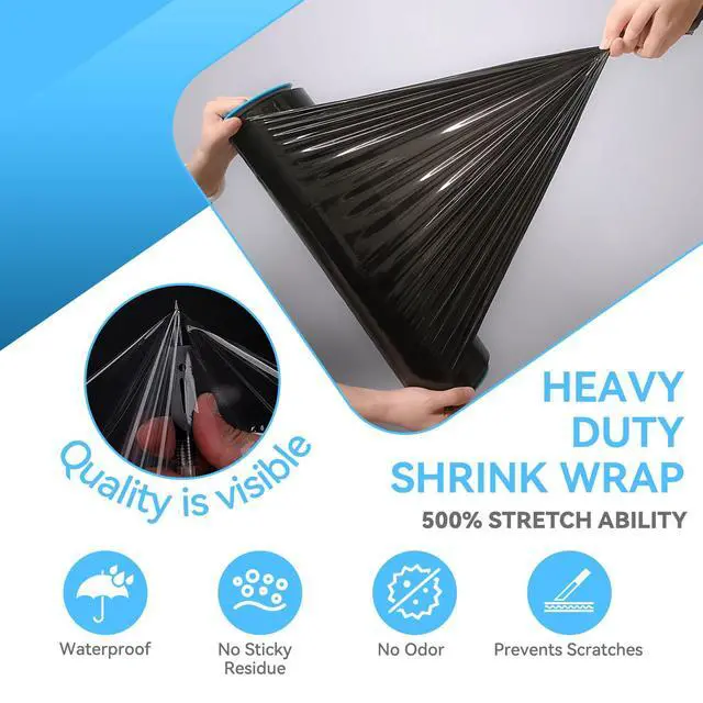 Alt view image 4 of 7 - 18" x 1500' Black Plastic Shrink Wrap Roll - 80 Gauge, 500% Stretch Industrial Strength Moving Wrap, Heavy Duty Pallet & Furniture Protection - 4 Roll Bundle Stretch Wrap with Handles