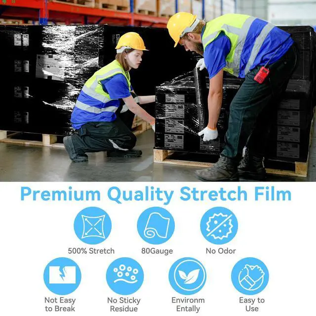 Alt view image 6 of 7 - 18" x 1500' Black Plastic Shrink Wrap Roll - 80 Gauge, 500% Stretch Industrial Strength Moving Wrap, Heavy Duty Pallet & Furniture Protection - 4 Roll Bundle Stretch Wrap with Handles