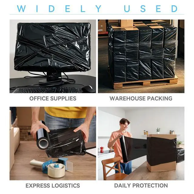 Alt view image 7 of 7 - 18" x 1500' Black Plastic Shrink Wrap Roll - 80 Gauge, 500% Stretch Industrial Strength Moving Wrap, Heavy Duty Pallet & Furniture Protection - 4 Roll Bundle Stretch Wrap with Handles