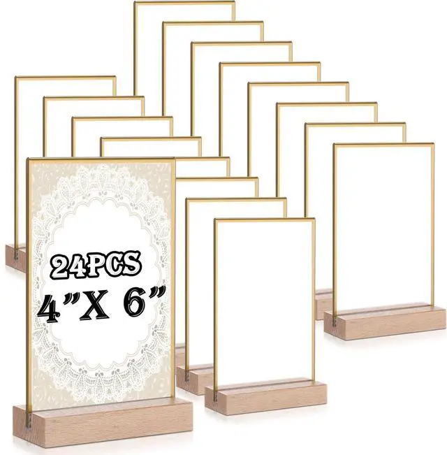 Main image of 24 Pack 4x6 Inch Gold Acrylic Sign with Base T Shape Sign Holder Vertical Blank Stands Desktop Display Plastic Menu Frame Double Sided Stand for Wedding Restaurant Party Decor