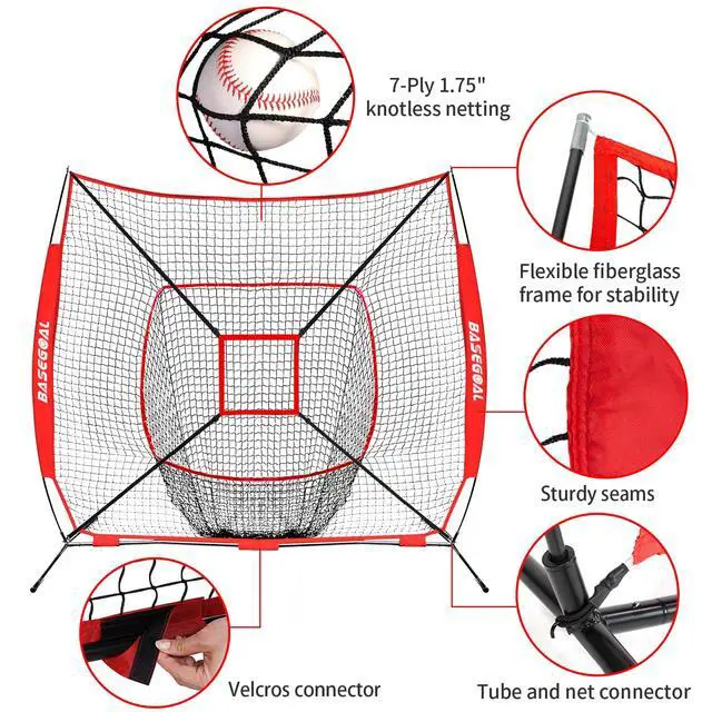 Alt view image 3 of 7 - 7'×7' Baseball Softball Practice Net,Baseball Backstop,with Batting Tee,Ball Caddy,for Hitting Pitching Batting Catching with Bow Frame,Bonus Strike Zone,Portable and Foldable