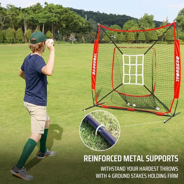 Alt view image 5 of 7 - 7'×7' Baseball Softball Practice Net,Baseball Backstop,with Batting Tee,for Hitting Pitching Batting Catching with Bow Frame,Bonus Strike Zone