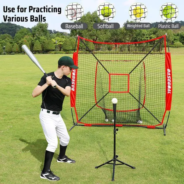 Alt view image 2 of 7 - 7'×7' Baseball Softball Practice Net,Baseball Backstop,with Batting Tee,Ball Caddy,for Hitting Pitching Batting Catching with Bow Frame,Bonus Strike Zone,Portable and Foldable