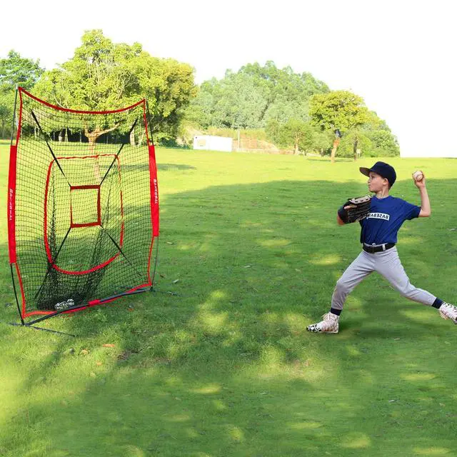 Alt view image 6 of 7 - 7'×7' Baseball Softball Practice Net,Baseball Backstop,with Batting Tee,for Hitting Pitching Batting Catching with Bow Frame,Bonus Strike Zone