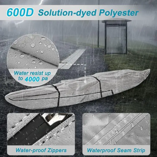 Alt view image 3 of 7 - 10ft 600D Fade and Tear Resistant Trailerable Kayak Cover with Waterproof Zipper, Waterproof & UV-Proof Heavy Duty Canoe Cover for Indoor/Outdoor Storage(Grey)