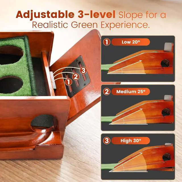 Alt view image 2 of 7 - Golf Putting Green Indoor - Practice Uphill Putts, 3-Level Adjustable Incline, Auto Ball Return and Foldable Solid Wood Base, Golf Training Aid for Home, Office, Backyard - Golf Putting Mat