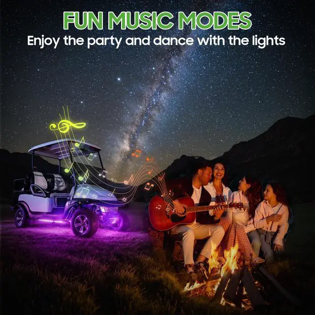 Alt view image 2 of 7 - 2PCS Golf Cart Underglow LED Light Kit, Underbody RGB Strip Lights, 24-Mode Neon Accent Lighting, Music Sync, Wireless Remote, IP67 Waterproof, 12V-80V Input for EZGO Yamaha Club Car