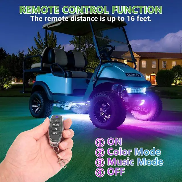 Alt view image 3 of 7 - 2PCS Golf Cart Underglow LED Light Kit, Underbody RGB Strip Lights, 24-Mode Neon Accent Lighting, Music Sync, Wireless Remote, IP67 Waterproof, 12V-80V Input for EZGO Yamaha Club Car