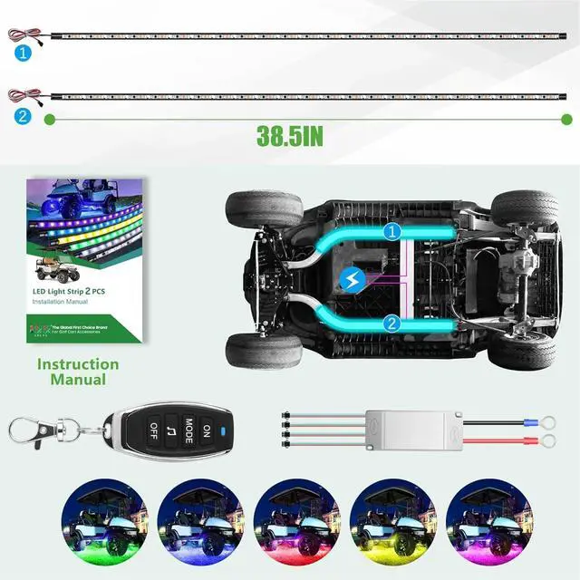 Alt view image 4 of 7 - 2PCS Golf Cart Underglow LED Light Kit, Underbody RGB Strip Lights, 24-Mode Neon Accent Lighting, Music Sync, Wireless Remote, IP67 Waterproof, 12V-80V Input for EZGO Yamaha Club Car