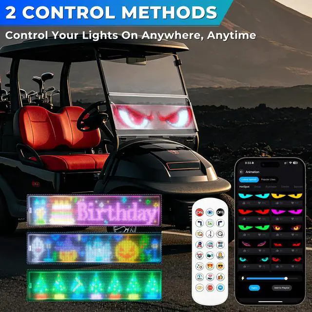 Alt view image 4 of 7 - Golf Cart Devil Eyes Light,23x5in Programmable Flexible Led Eyes for Car Windshield with App/Remote Control,High Bright DIY Animated Scrolling Electra Eyes for Golf Cart Trucks Suvs Decor