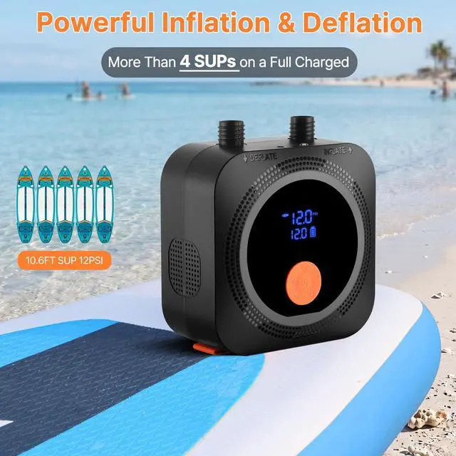 Alt view image 2 of 7 - Electric Paddle Board Pump, 12000mAh Rechargeable SUP Pump 22PSI High Pressure with 12V DC Car Adapter, Dual-Stage Inflation&Deflation, Portable Air Pump with 7 Nozzles for SUP, Inflatable Kayak, Boat