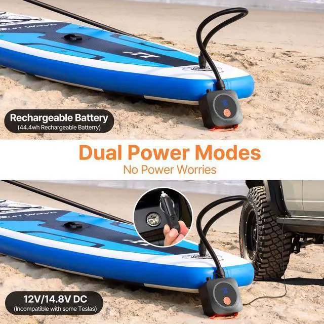 Alt view image 4 of 7 - Electric Paddle Board Pump, 12000mAh Rechargeable SUP Pump 22PSI High Pressure with 12V DC Car Adapter, Dual-Stage Inflation&Deflation, Portable Air Pump with 7 Nozzles for SUP, Inflatable Kayak, Boat