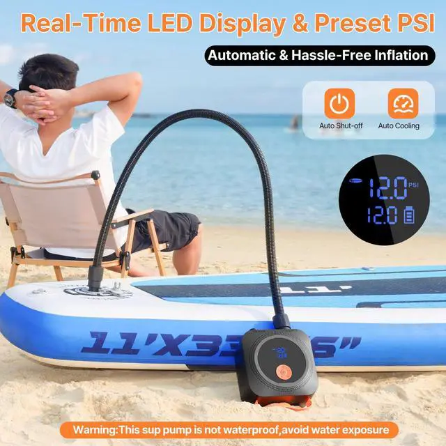 Alt view image 5 of 7 - Electric Paddle Board Pump, 12000mAh Rechargeable SUP Pump 22PSI High Pressure with 12V DC Car Adapter, Dual-Stage Inflation&Deflation, Portable Air Pump with 7 Nozzles for SUP, Inflatable Kayak, Boat
