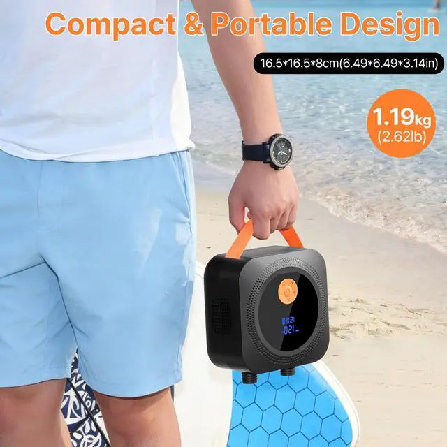 Alt view image 7 of 7 - Electric Paddle Board Pump, 12000mAh Rechargeable SUP Pump 22PSI High Pressure with 12V DC Car Adapter, Dual-Stage Inflation&Deflation, Portable Air Pump with 7 Nozzles for SUP, Inflatable Kayak, Boat