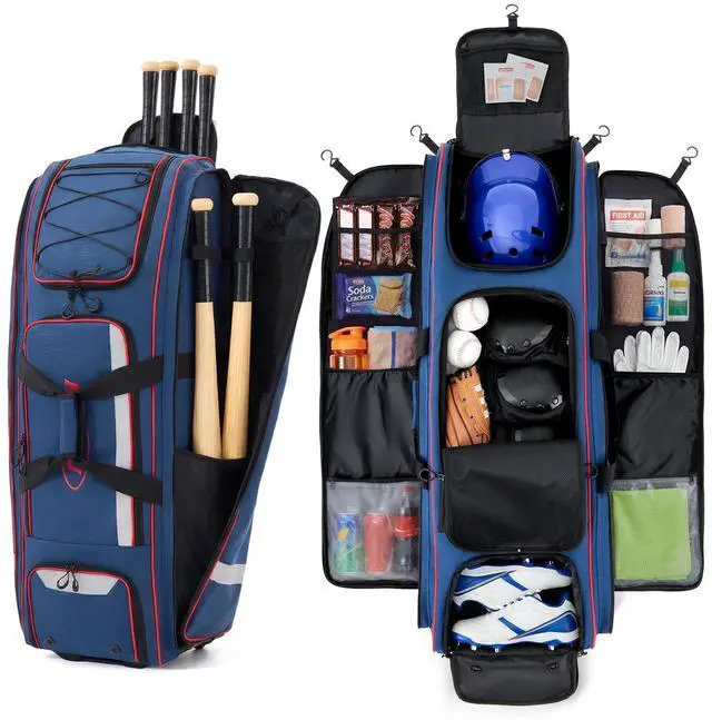 Main image of 100L Rolling Catchers Gear Bag - Large Baseball & Softball Duffle with 5 Fence Hooks, Locker-Style Organizer, Holds 8 Bats, Vented Shoe Zone