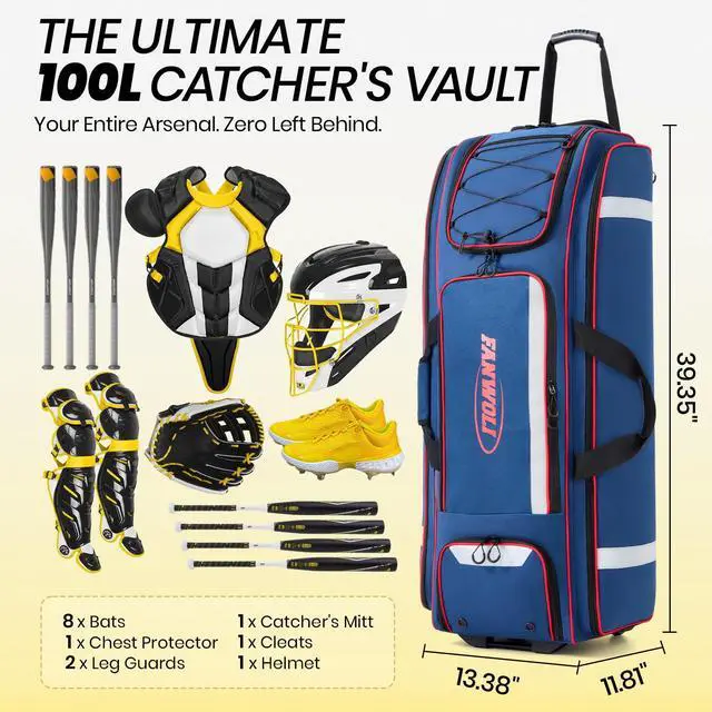 Alt view image 3 of 7 - 100L Rolling Catchers Gear Bag - Large Baseball & Softball Duffle with 5 Fence Hooks, Locker-Style Organizer, Holds 8 Bats, Vented Shoe Zone