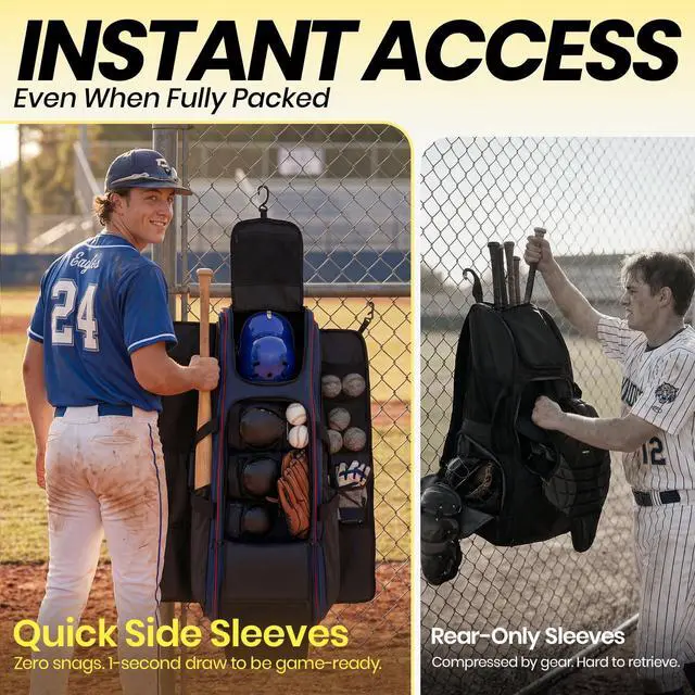 Alt view image 2 of 7 - 100L Rolling Catchers Gear Bag - Large Baseball & Softball Duffle with 5 Fence Hooks, Locker-Style Organizer, Holds 8 Bats, Vented Shoe Zone