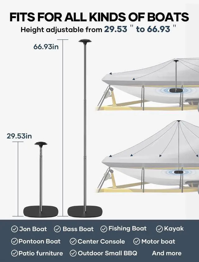 Alt view image 2 of 7 - Boat Cover Support Poles Support Systems, Height Adjustable 304 Stainless Steel Support Poles with Stable Full-Touchdown Iron Alloy Base for Jon Boat Pontoon Aluminum Boat Tarps Bimini Tops