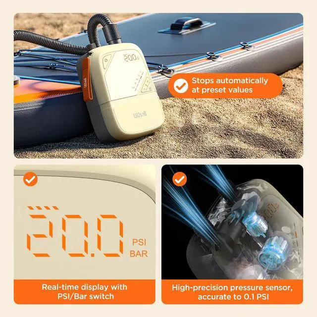 Alt view image 6 of 7 - 20PSI Electric SUP Pump, Rechargeable Battery & 12V Car Powered, Dual Stage Inflation Deflation Auto-Off, Portable Air Pump for Paddle Board Kayak Tent Inflatable Bed