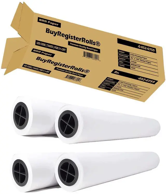 Main image of 36 x 150 Plotter Paper (New & Premium 4 Rolls) 20 lb Uncoated 96 Bright White (75 GSM with 2 Core) CAD Paper Rolls For Engineers, Architects, Copy Service Shops w/Inkjet Printers