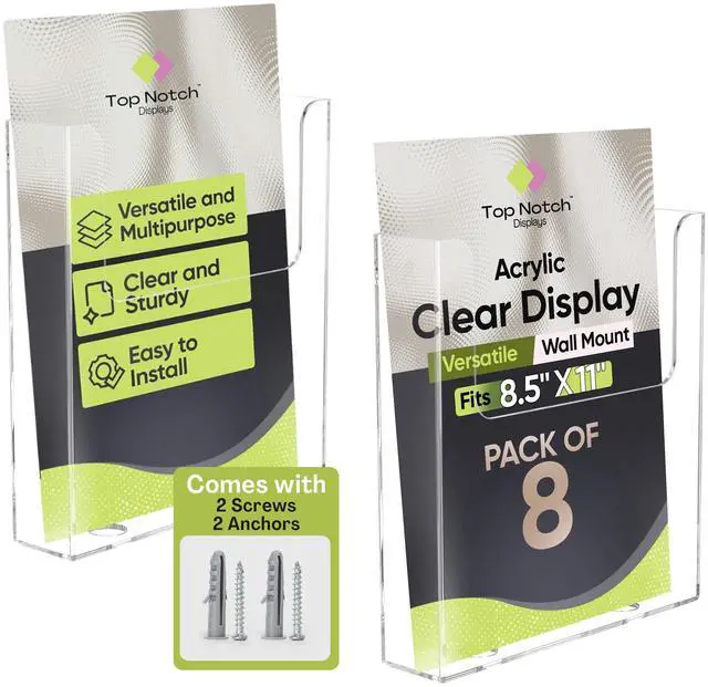 Main image of Acrylic Brochure Holder for Wall Mounting, Clear Display for 8.5" x 11" Flyers, Literature Holder for Magazines, Pamphlets, Menus, Includes Screws & Plastic Anchors Pack of 8