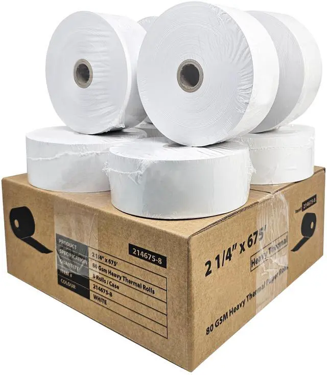 Main image of (8 Rolls) 2 1/4" x 675' Heavy Weight ATM Paper Rolls, 8 Rolls/Case, 80 GSM BPA Free ATM Machines Thermal Paper Rolls G2500 GT3000 Tranax MB 1700 1705 GenMega Tranax