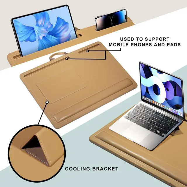 Alt view image 3 of 7 - Leather Lap Desk for Laptop, 24 x 16 inches (Brown) | With Memory Foam Cushion & Built-in Wrist Rest, Portable,Adjustable Laptop Desk Fits up to 19 inch Laptop