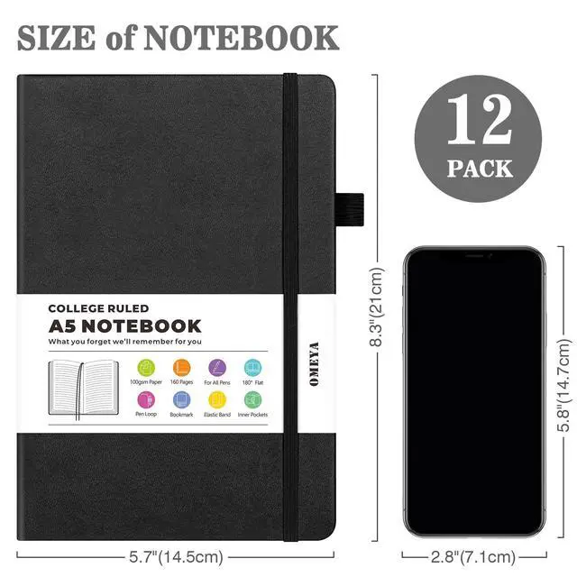 Alt view image 2 of 6 - A5 Hardcover Notebooks for Work:12 Pack, 100gsm Paper, 160 Pages Each | College-Ruled Pages, 5.75" x 8.38", PU Leather Hardcover, 12 Pens, 2 Inner Pockets, 180° Lay-Flat, For Business, School