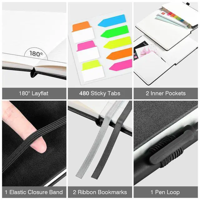 Alt view image 5 of 6 - A5 Hardcover Notebooks for Work:12 Pack, 100gsm Paper, 160 Pages Each | College-Ruled Pages, 5.75" x 8.38", PU Leather Hardcover, 12 Pens, 2 Inner Pockets, 180° Lay-Flat, For Business, School