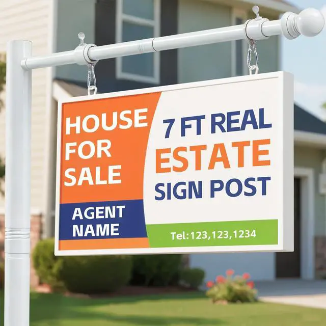 Main image of Real Estate Sign Posts 7FT Wind-Resistant Yard Sign Holder with Adjustable 32 Arm for Outdoor Realtor Sign Heavy Duty Metal Yard Sign Stakes Stand (2 White)