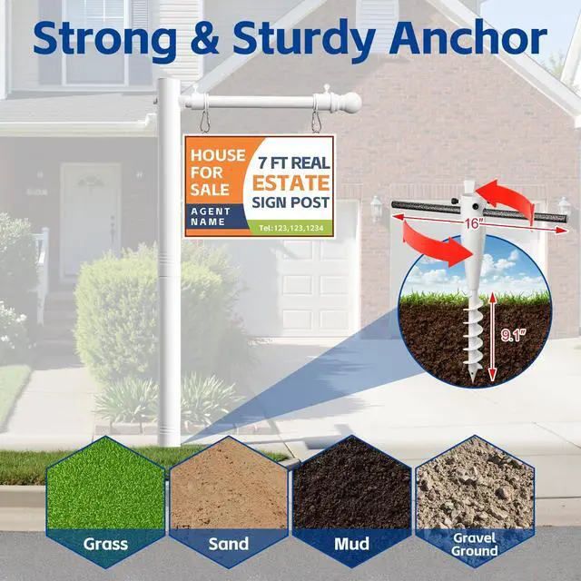 Alt view image 2 of 7 - Real Estate Sign Posts 7FT Wind-Resistant Yard Sign Holder with Adjustable 32 Arm for Outdoor Realtor Sign Heavy Duty Metal Yard Sign Stakes Stand (2 White)