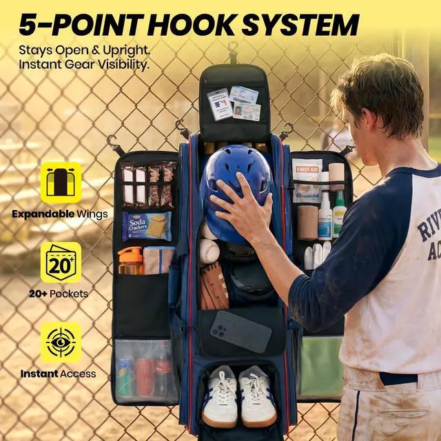 Alt view image 4 of 7 - 100L Rolling Catchers Gear Bag - Large Baseball & Softball Duffle with 5 Fence Hooks, Locker-Style Organizer, Holds 8 Bats, Vented Shoe Zone