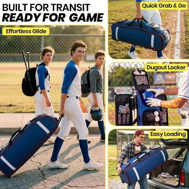 Alt view image 7 of 7 - 100L Rolling Catchers Gear Bag - Large Baseball & Softball Duffle with 5 Fence Hooks, Locker-Style Organizer, Holds 8 Bats, Vented Shoe Zone