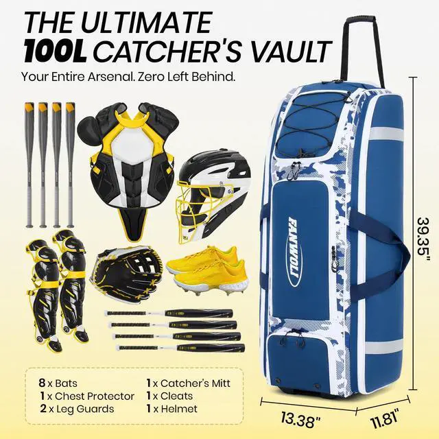 Alt view image 3 of 7 - 100L Rolling Catchers Gear Bag - Large Baseball & Softball Duffle with 5 Fence Hooks, Locker-Style Organizer, Holds 8 Bats, Vented Shoe Zone