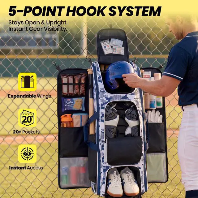 Alt view image 4 of 7 - 100L Rolling Catchers Gear Bag - Large Baseball & Softball Duffle with 5 Fence Hooks, Locker-Style Organizer, Holds 8 Bats, Vented Shoe Zone