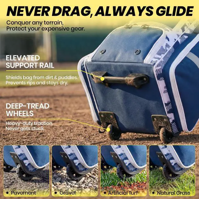 Alt view image 6 of 7 - 100L Rolling Catchers Gear Bag - Large Baseball & Softball Duffle with 5 Fence Hooks, Locker-Style Organizer, Holds 8 Bats, Vented Shoe Zone