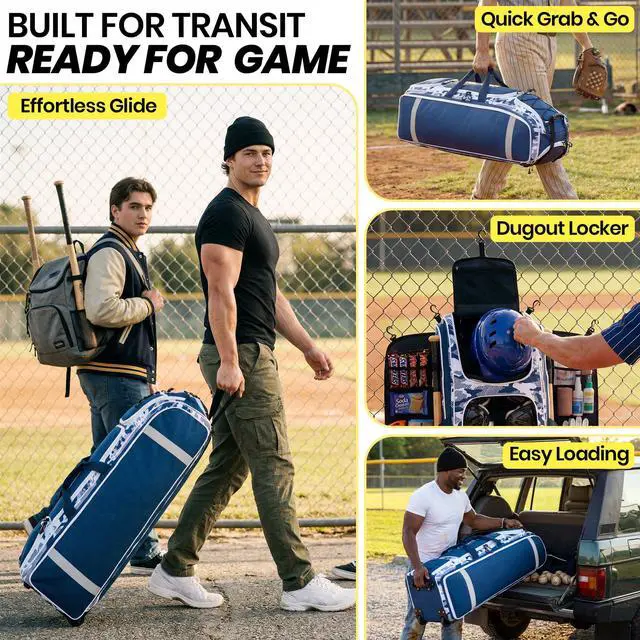 Alt view image 7 of 7 - 100L Rolling Catchers Gear Bag - Large Baseball & Softball Duffle with 5 Fence Hooks, Locker-Style Organizer, Holds 8 Bats, Vented Shoe Zone