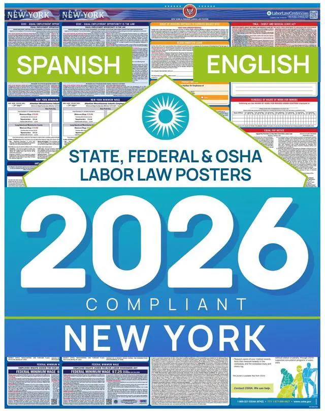 Main image of New York 2026 Labor Law Posters Bundle English & Spanish Compliance Combo OSHA, EEOC, FMLA, Minimum Wage Durable, Laminated & Waterproof Workplace Employment Posters Made in USA 26 x 39.5
