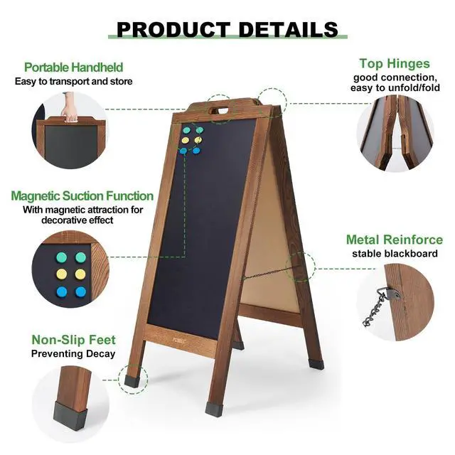 Alt view image 3 of 7 - Magnetic Sandwich A Frame Chalkboard Board Signs - 40 × 20 Inches | Portable, Browm Solid Pine Wood, Double-Sided outdoor Sidewalk ChalkBoards, Restaurant, Cafe, Shop, Wedding, Party