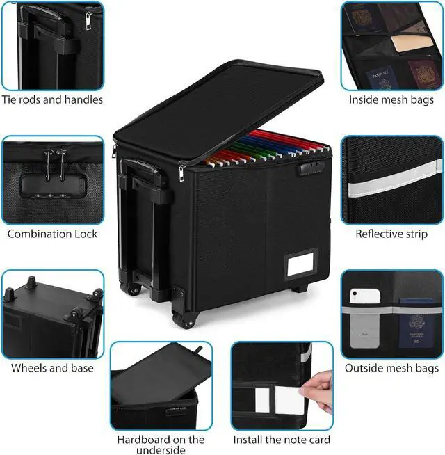 Alt view image 5 of 7 - Fireproof Rolling File Box with Wheels for Letter & Legal Size Files | Fireproof File Box with Wheels, Collapsible Rolling Fireproof Document Bag with Lock for Legal/Letter Size Files